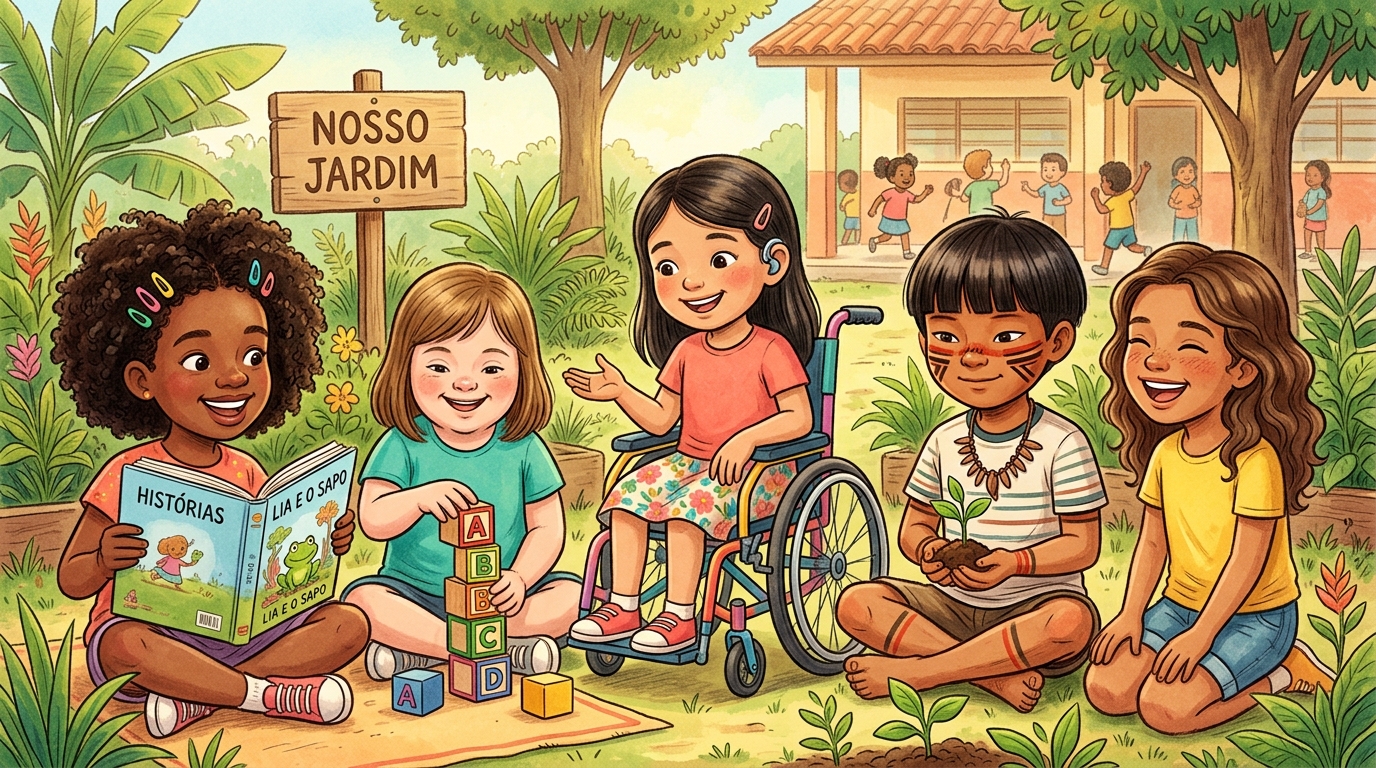 Crianças brasileiras diversas juntas no jardim da escola: menina em cadeira de rodas com aparelho auditivo, menina negra lendo livro em português, menino indígena com mudinha de planta, menino com Síndrome de Down com blocos de letras e menina sorrindo.